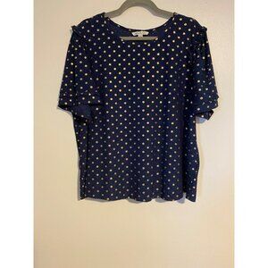 Zac & Rachel Woman 1X Top Navy Blue & Gold Polka Dot Blouse Short Sleeve Artsy